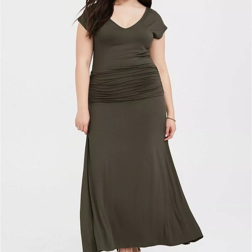 Torrid Size 3 (22/24W) Olive Green Jersey Stretch Waist Ruched Maxi Dress NWT